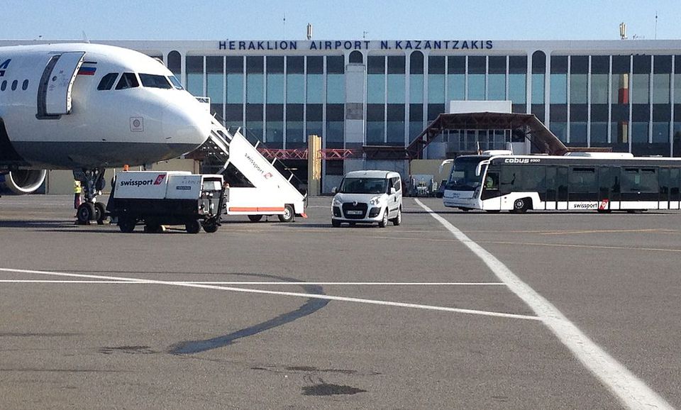 An aeroplane of Aegean Airways parked at the Heraklion airport in Crete.