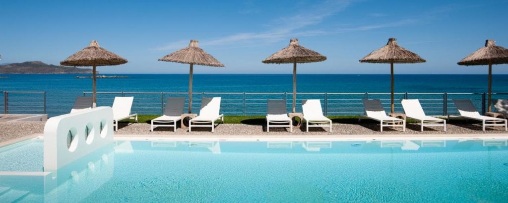 View of the sea from the swimming pool of a beachfront hotel in Chania.