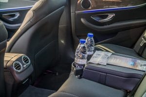A close-up of the interior of a Mercedes backseat armrest used by Crete Taxi Transfers